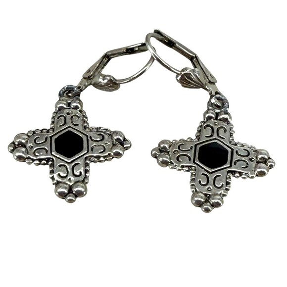 Inca Chakana Cross Earrings Silver Tone Black Onyx Inlay Dangle Boho NO MARKINGS - Picture 6 of 15